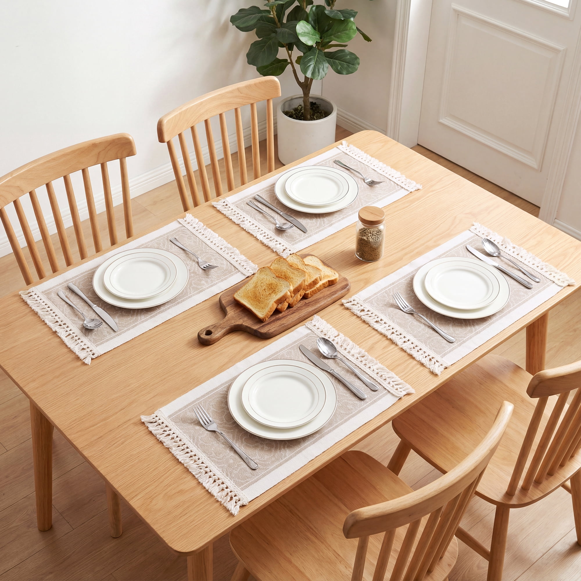 Unique Bargains Set of 4 Linen Farmhouse Placemats Khaki/White 17.7x13.8inch