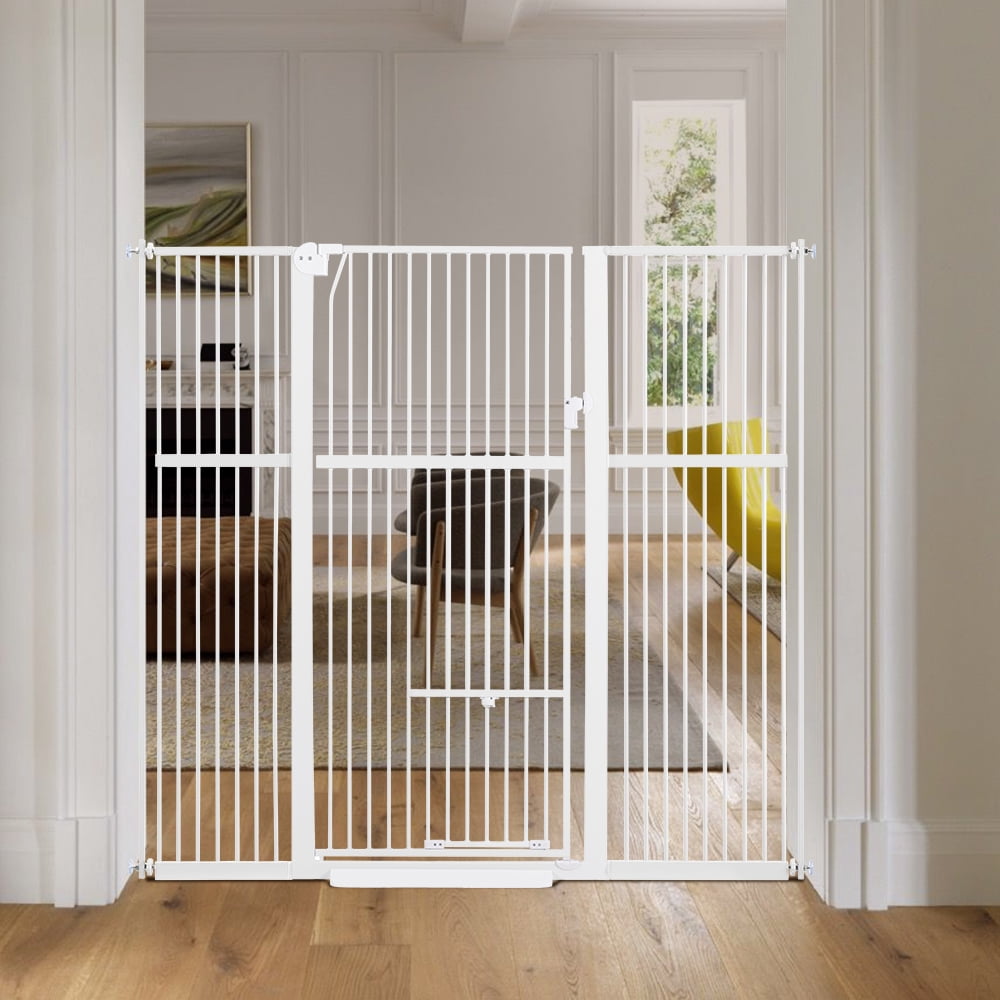 Unipaws 56" Tall Baby Gate with Cat Door, 31-37" Wide Pressure Mounted Dog Gate for Stair Doorway, Walk Through Pet Gate, White