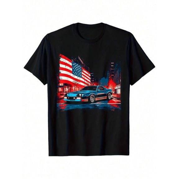 【New Arrival】Vintage Sports Car American Flag City Night Scene Graphic T-Shirt, Cotton Crew Neck Tee, Patriotic Muscle Car Enthusiast Casual Gift