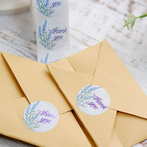 BalsaCircle 500 Thank You Stickers White Purple 1.5" Round Self Adhesive Floral Roll