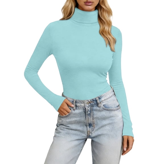 Fgnfyis Womens Tops Long Sleeve High Neck Shaping Fit Stretch Casual Basic Solid Color Tee T Shirts for Women Sky Blue S
