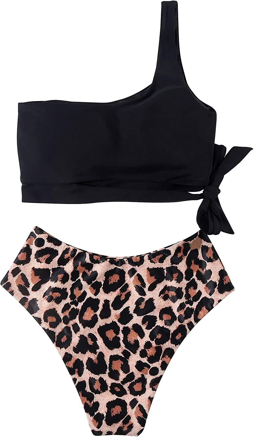 CUPSHE Damen Bikini Set One Shoulder High Waist Farbblock Cutouts Asymmetrische Zweiteiliger Badeanzug Bademode für Sommer und Strand Waldgrün/Weiß XS