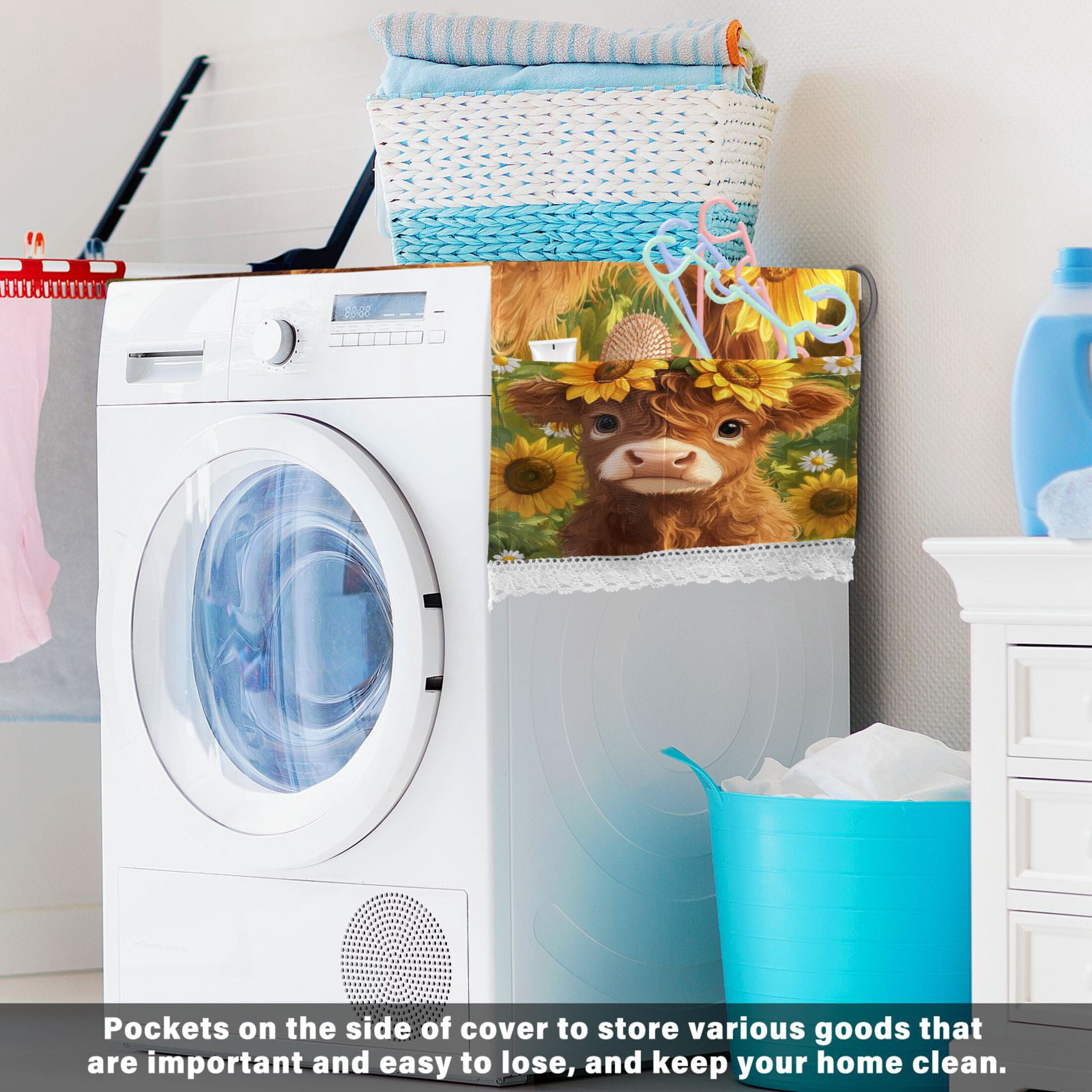 Dustproof Washing Machine Cloth Washer and Dryer Top Covers, Fridge Dust Cover, With Storage Bags Cute Highland Cow