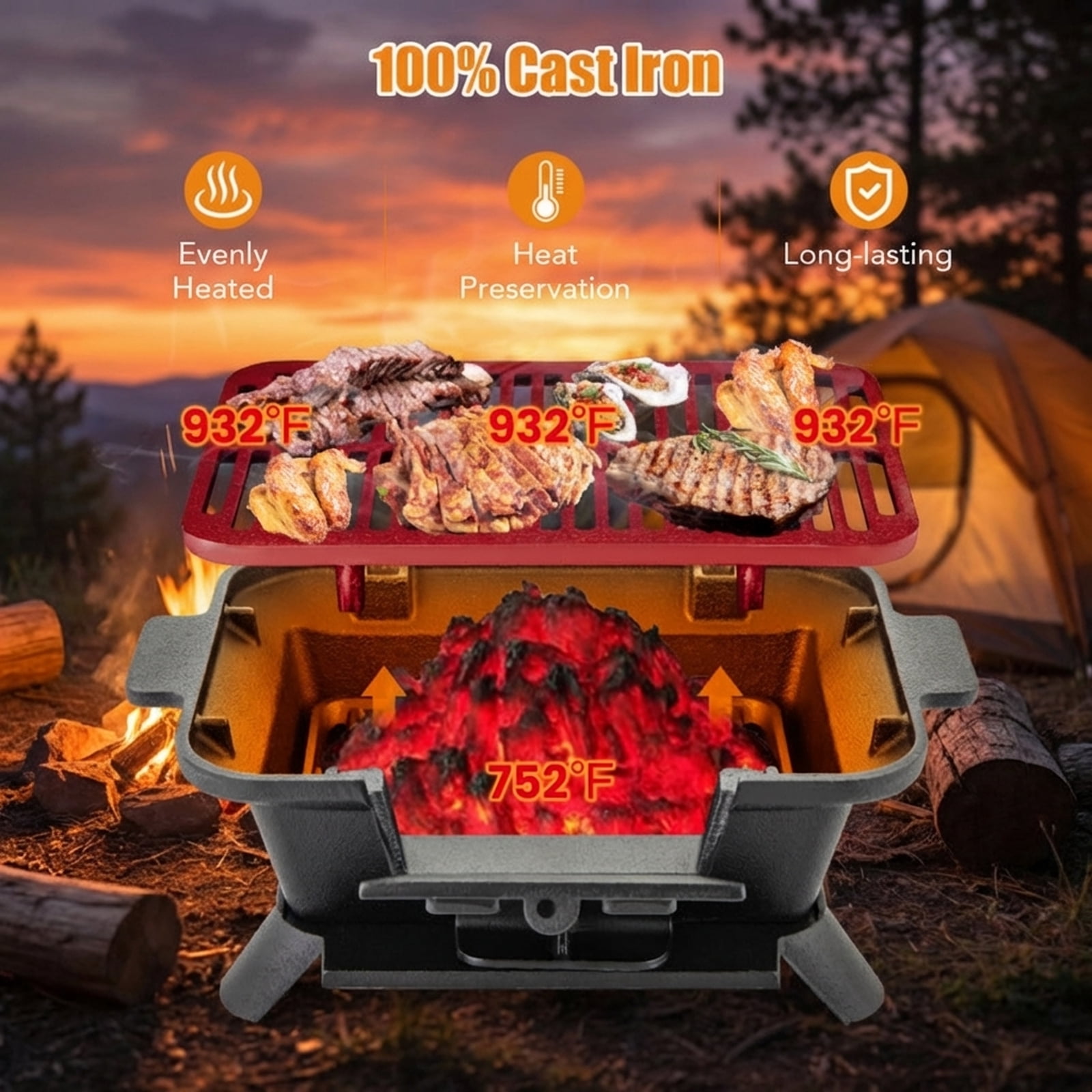 Biotree 100% Cast Iron Hibachi Charcoal Grill with Adjustable Height Grate and Grill Grate Lifter - Black