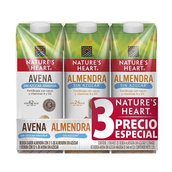 3 Pack de bebida vegetal Nature's Heart almendra y avena sin azúcar 946 ml c/u