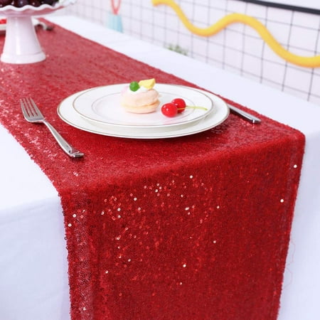

TRLYC 12x90-Inch Sparkly Rose Red Sequin Table Runner for Wedding Happy New Year-Red