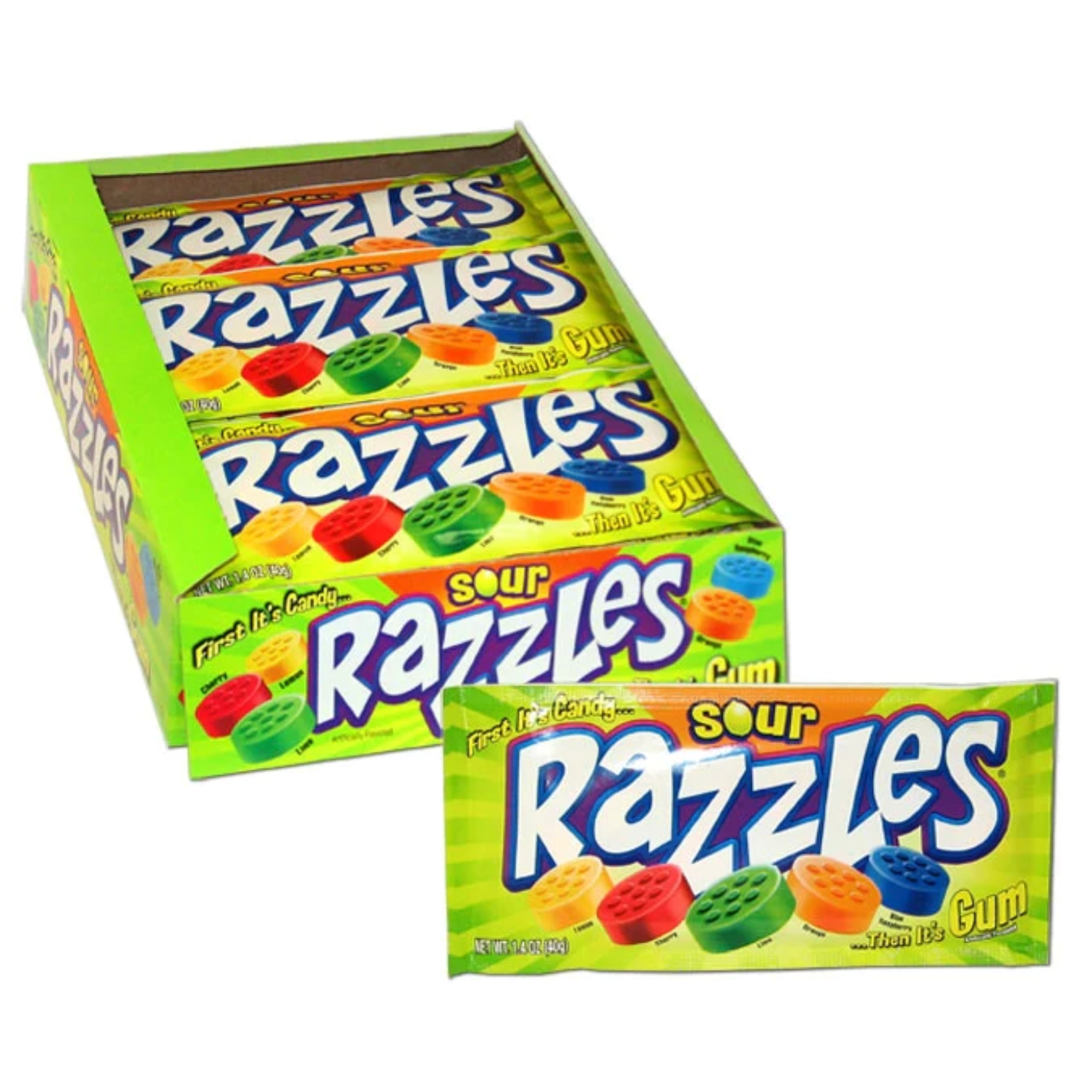 Razzles SOUR Flavor Candy Gum 1.4 Ounce (Pack of 24)