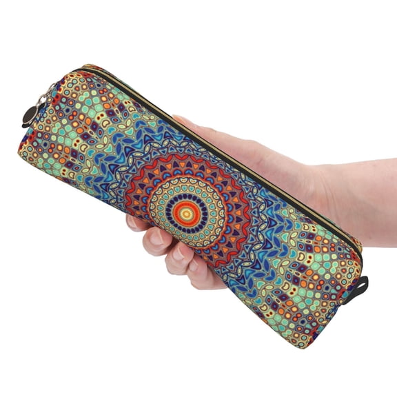Ratiio Round Mandala Pattern Leather Pencil Case, Pencil Pouch with Durable Zipper, Compact and Stylish Organizer for Stationery, Art Supplies, Travel Essentials