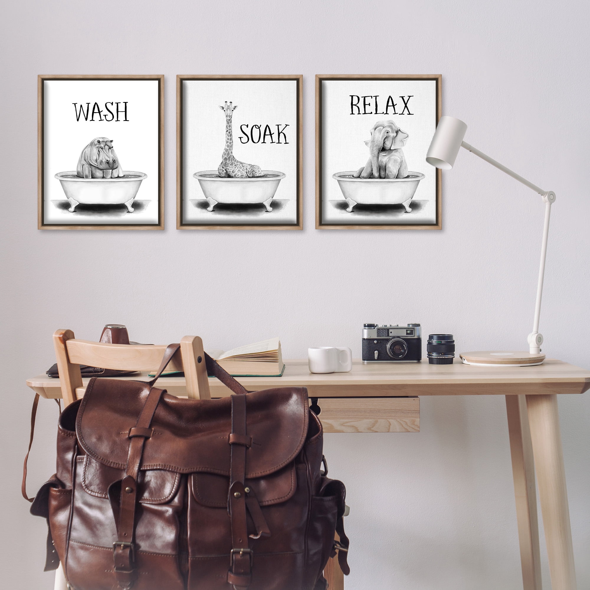 Stupell Industries Wash Soak Relax Jungle Animals Animals & Insects Painting Brown Floater Framed Canvas Art Print Wall Art, 17 x 21, Set of 3
