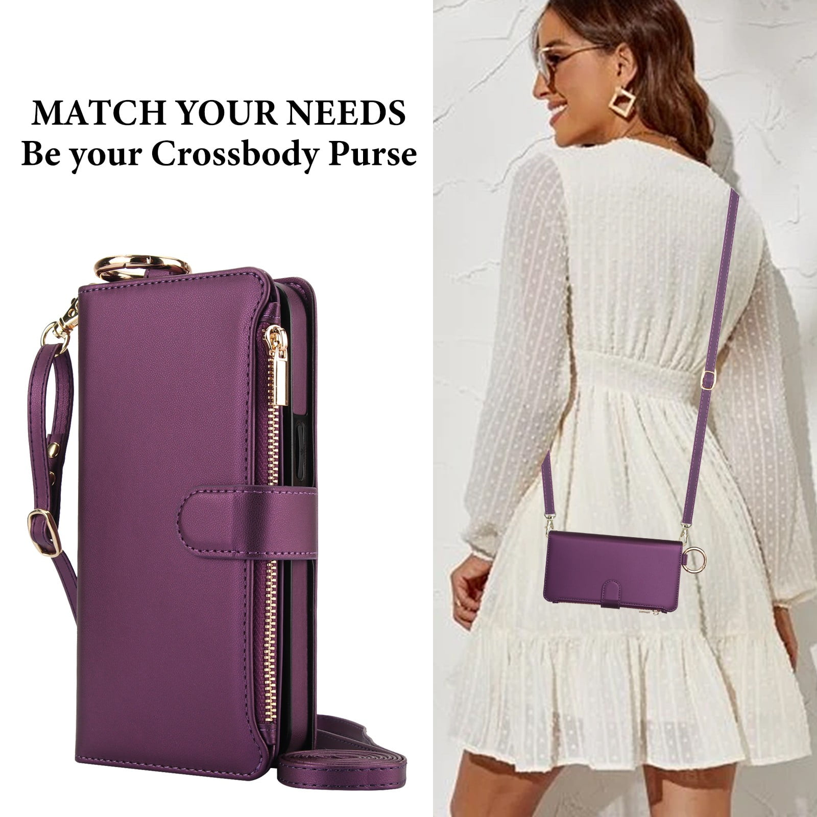 ELEHOLD For iPhone 13 Phone Case Leather Crossbody Zipper Card Wallet Flip Case Kickstand Cover, with Ring Holder,Full Body Protection-Deeppurple