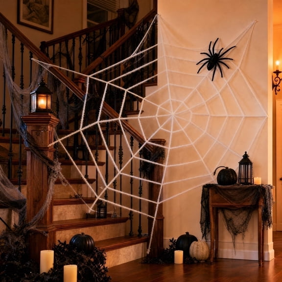 5ft Giant Halloween Spider Web Decoration, Large White Plush Halloween Cobweb Prop, Scary Halloween Decoration for Bar Haunted House Indoor Party Supplies