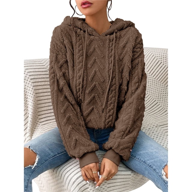 Suéter Holgado de Franela con Capucha para Mujer, Larga y Cálido para Invierno Marrón M