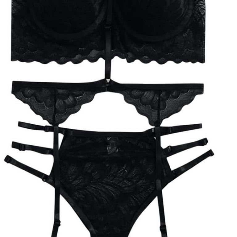 Women's Negligee Strappy Lace Snap Sexy Lingerie Two-piece Set Exotic Naughty  Play Underwear Suit Bra and Panties Black 