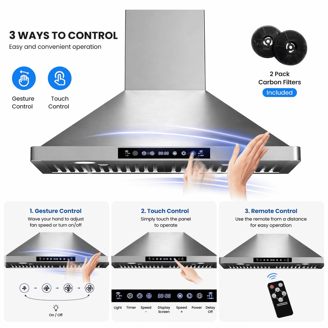 ICYBER BOOM 30 Inch Wall Mount Range Hood, 750 CFM Max Airflow Stainless Steel Kitchen Vent Hood with Gesture & Remote Control, 3 Speeds, 3-Min Delay, 66 dB, LED Lights, Includes Chimney, Carbon Filt
