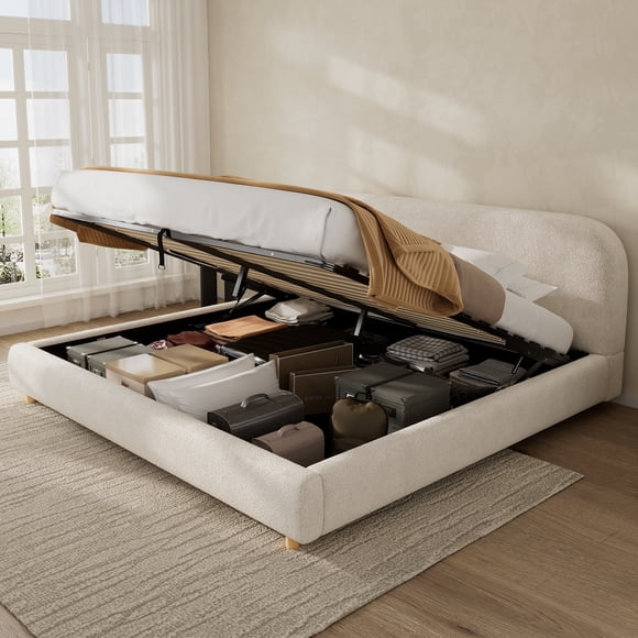 HMSHA Lit Plateforme Très Grand Size(76 Pieds'x80 Pieds') avec Rangement à Vérins Hydrauliques, Lit Luxueux Rembourré en Tissu Bouclé, Rangement Caché sous le Lit pour Chambre, Aucun Sommier Requis, Blanc Crème