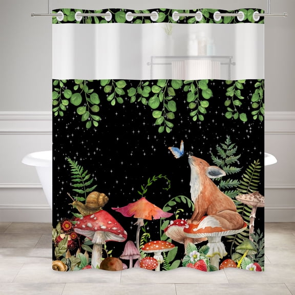Mizhona Mushroom Plants No Hooks Shower Curtains with Snap in Liner Green Leaves Butterfly in Black Hookless Fabric Bathroom Curtain,71"× 74"