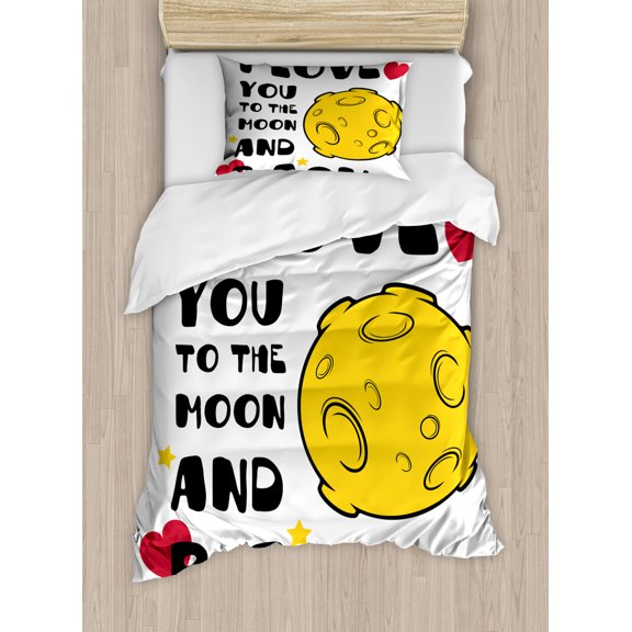 I Love You Duvet Cover Set Twin Size, Moon Surface Romance Big Love Galactic Partners Friends Valentines Print, Decorative 2 Piece Bedding Set with 1 Pillow Sham, Yellow Black Red, by Ambesonne