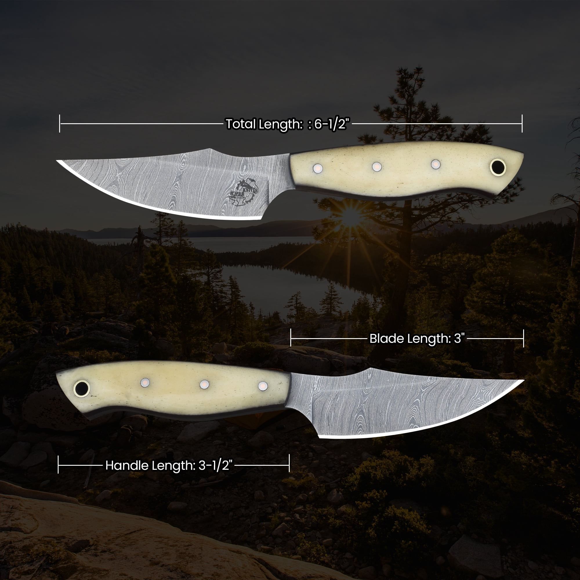Knives Ranch Handmade EDC Fixed Blade Hunting Knife – Forged Damascus Steel – Natural Cattle Bone Handle – Horizontal Carry Sheath – Outdoor Cowboy Knife (3180-B)