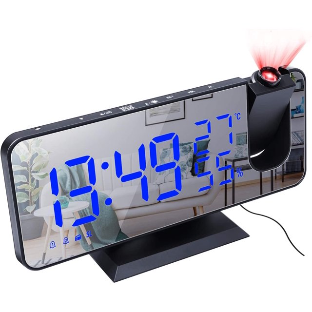 HAHDAXIA Projection Digital Alarm Clock for Bedrooms, FM Radio Alarm Clock, 7.5'' Dual Alarms with Snooze, USB Charging Port, Temperature & Humidity Display, 180¡ã Rotable, 4 Dimmer, 12/24 Ho