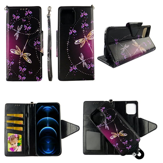 Sparkly Butterfly Case for iphone iPhone 12 Pro Magnetic Detachable Pu Leather Wallet Cover Flap Closure and Snap-on Book Style Cases Card Holders Wrist Strap 2 in 1 Folio