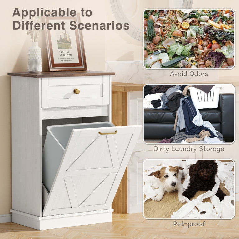 Lacoo 10 Gallon Tilt Out Trash Cabinet with Drawer, Kitchen Trash Can Cabinet, Garbage Recycling Cabinet for Kitchen, White