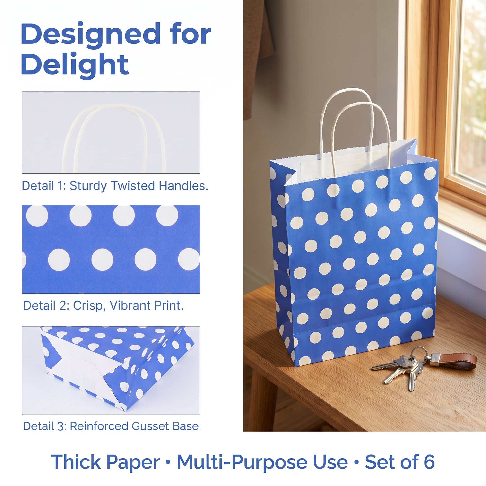 Unique Bargains 6Pcs Polka-dot Paper Gift Bag with Handles Royal Blue 6.3" x 3.1" x 8.7"