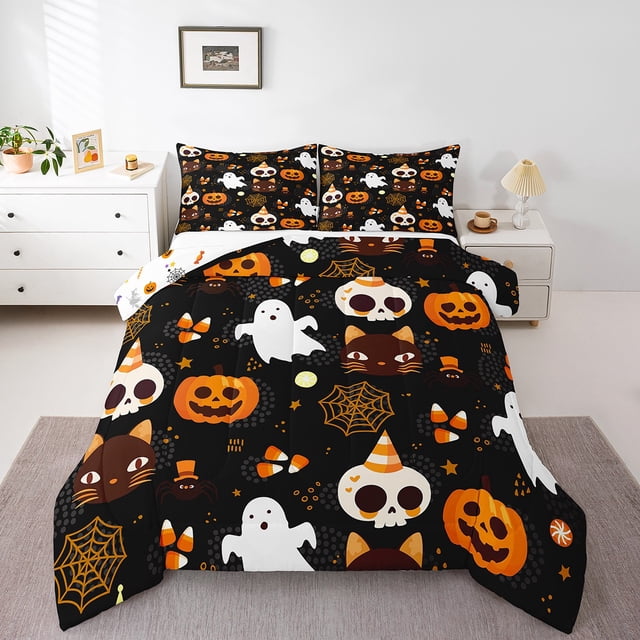 YST Halloween Pumpkin Comforter Set, Gothic Spooky Ghost Bedding, Queen Size, Black