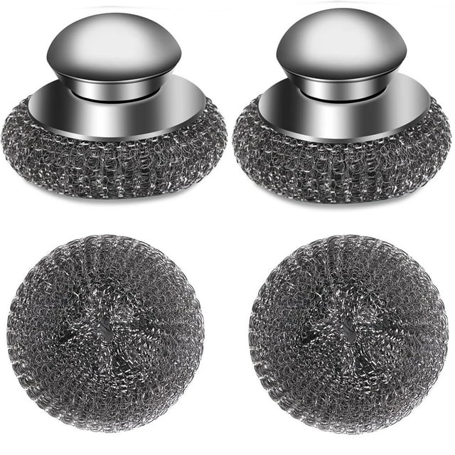 4pcs Steel Wool Scrubber with Replacement Wire Pads Set, Stainless Steel Scrubber with Handle for Scouring Stubborn Messes from Cast Iron, Pots, Pans, Grill, Stoves, Sink(2 Scrubber+2 Pads)