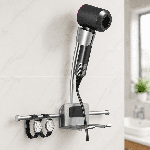 Asoricing Hair Dryer Holder, Wall Mount with Shelf, No Drill Adhesive Installation, 180 Degree Rotating Adjustable Hair Tool Organizer