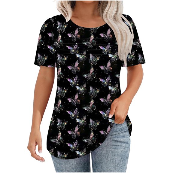 T-Shirts for Women Short Sleeve Fashion Print Plus Size Shirts Summer Clothing Tops Women's New Round Neck Pullover Chest Pleated Casual Top