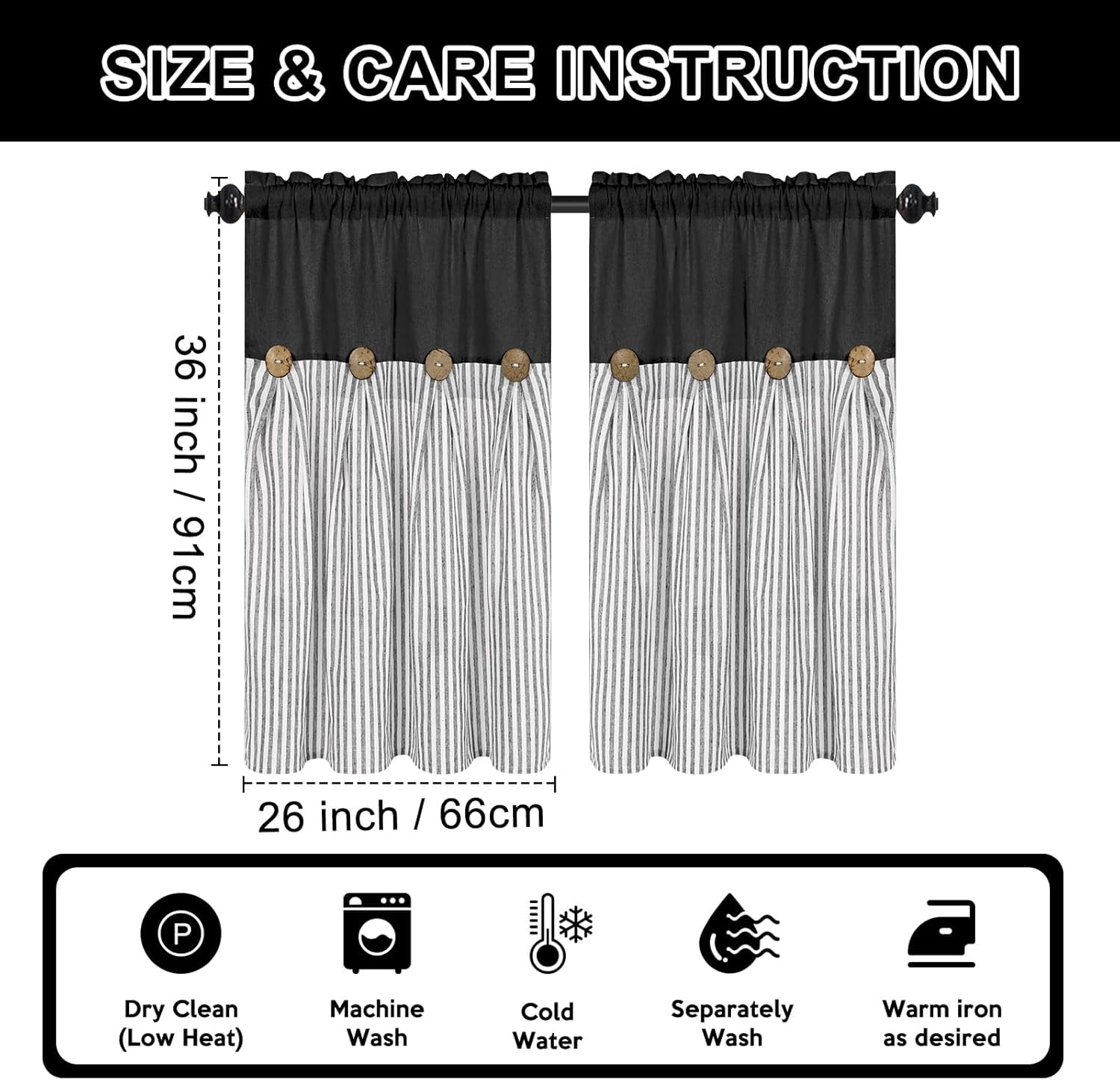 Alishomtll Stripe Kitchen Curtains 8 Button Linen Cotton Window Curtains Sets 36 Inches Long ,Rod Pocket ,Black