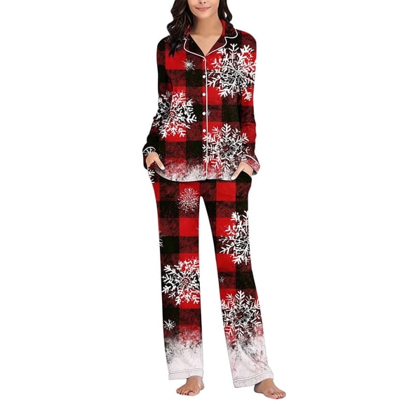 successthop Christmas Pajamas for Women 2 Piece Plaid Long Sleeve Snowman Shirts Xmas Holiday Sleepwear with Pockets
