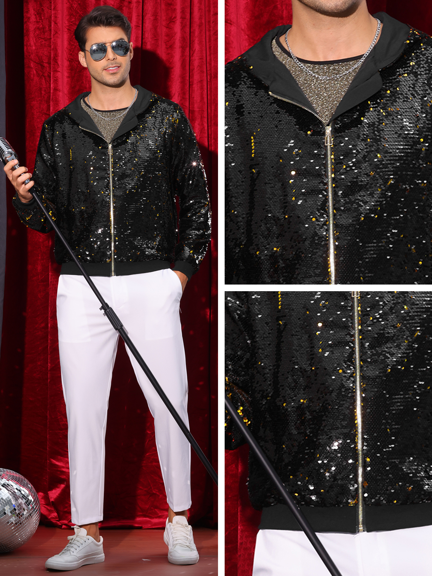 DARING DIVA Men's Sequins Long Sleeves Flip-Sequin Sparkle Metallic Hoodie Jackets S Black