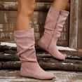 thumbnail image 4 of Women Suede Slouch Mid Calf Boots Side Zipper Flat Heel Casual Pull On Knee High Winter Fashion Boots Music Festival Outfit Pink 43, 4 of 9