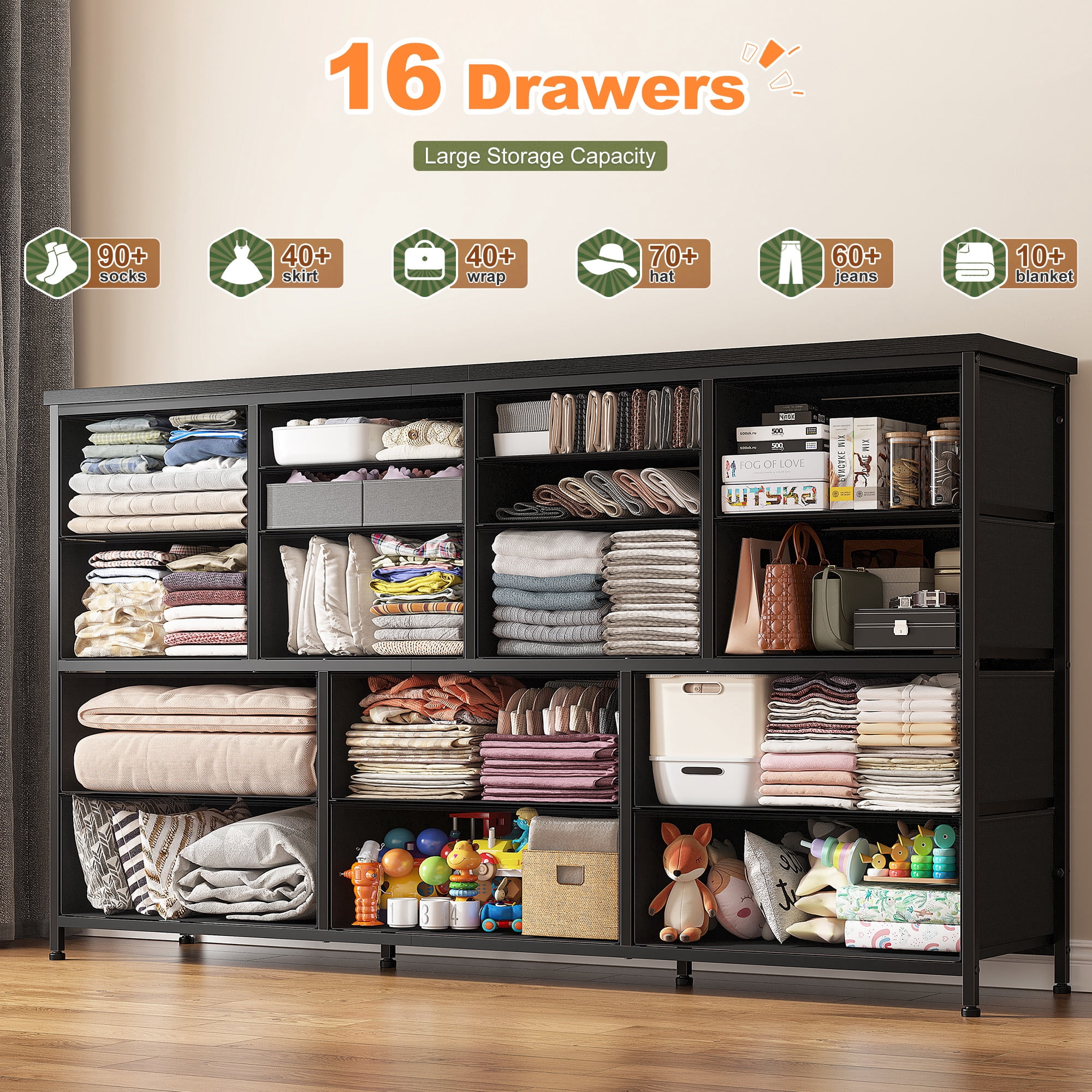 Romorgniz Black Dresser for Bedroom with 16 Drawers for Closet Fabric Dressers & Chests of Drawers TV Stand with Charging Station