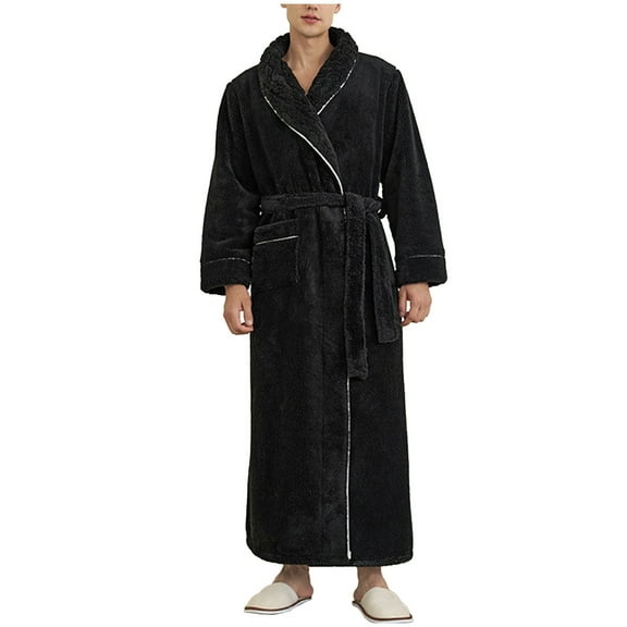 APEXFWDT Men's Fleece Plush Long Robe Long Sleeve Fuzzy Warm Kimono Bathrobe with Pockets, Cozy Winter Loungewear,M,Black