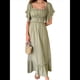 thumbnail image 1 of Vestido Midi de Corta para Mujer, Cuello Cuadrado, Color Contrastante, Informal, Fruncido con Ribetes. Verde S, 1 of 7
