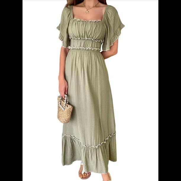 Vestido Midi de Corta para Mujer, Cuello Cuadrado, Color Contrastante, Informal, Fruncido con Ribetes. Verde XL