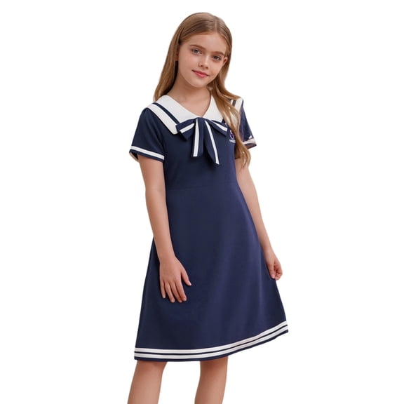Zaldita Kids Girls Nautical Dress Sailor Collar Short Sleeve Summer A-Line School Uniform Dress Size 4-16 Years Navy Blue 130/3