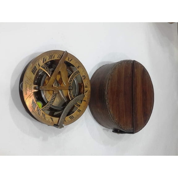 Nautical Vintage Copper & Two Ton Finish 2.5 "Sundial Compass West London Leather Case