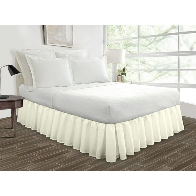 Ruffled Bed Skirt Easy Fit 21" inch Drop | Microfiber Made | Decorative Short Queen Size Bedskirt | Ivory