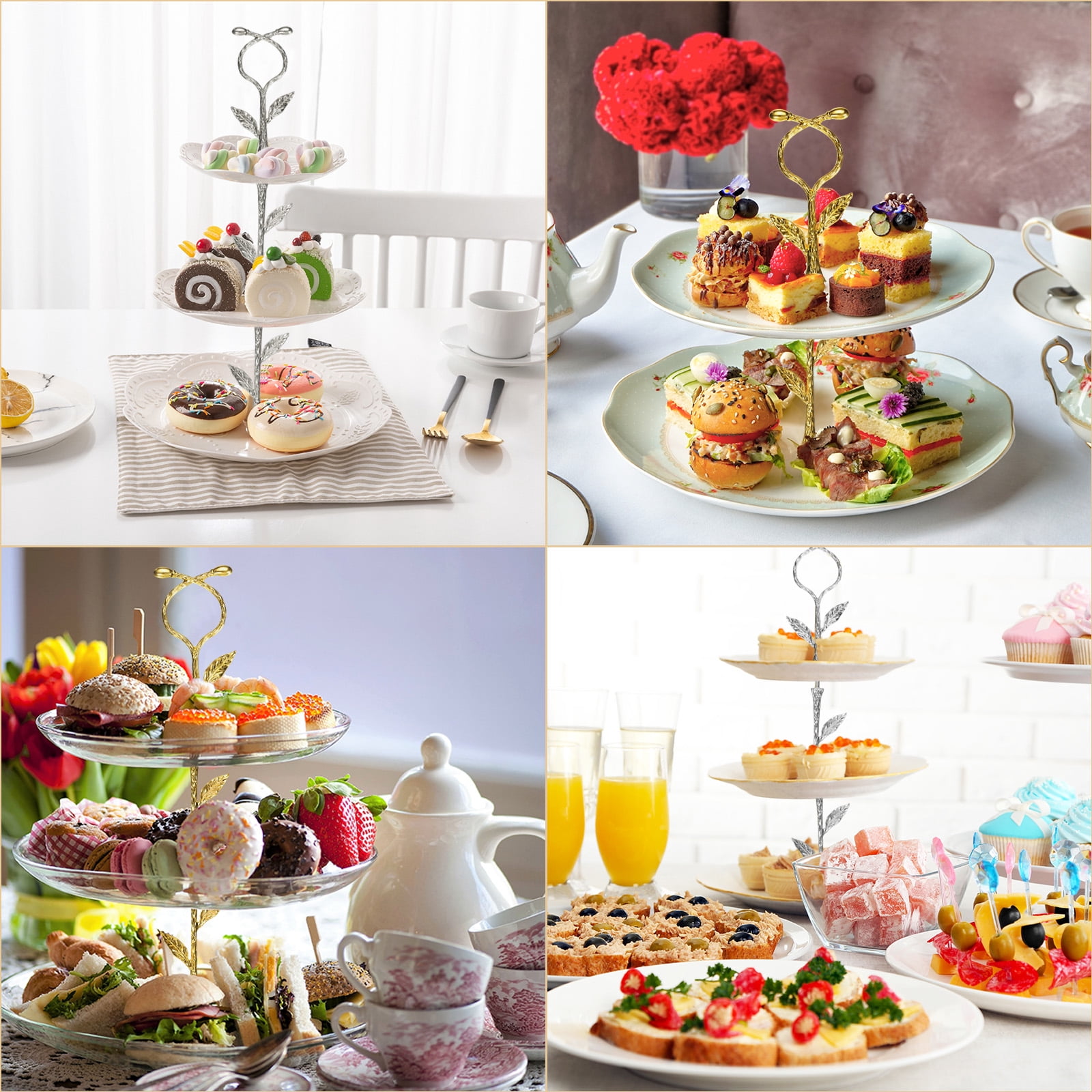 Unique Bargains Elegant Cake Tray Stand Handle Metal for Parties Events Gold