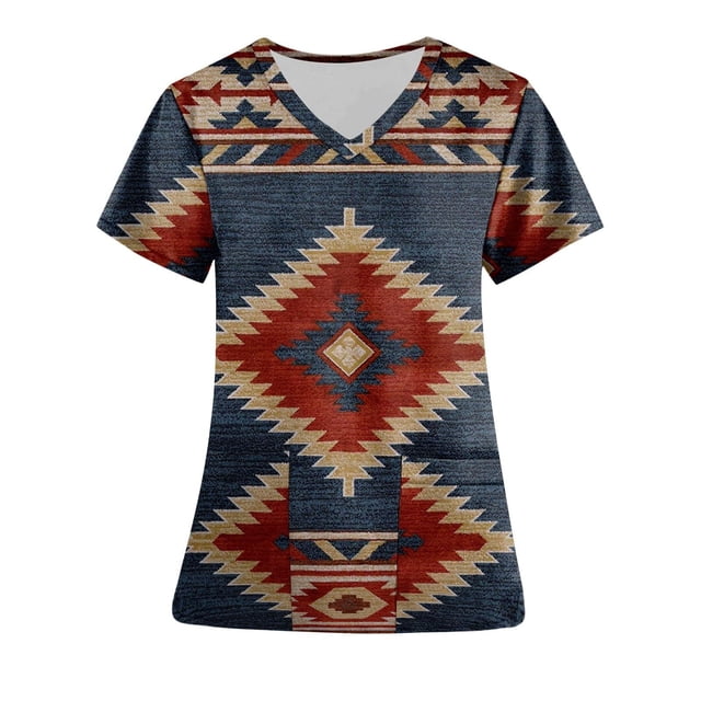 Snoarin Summer Plus Size Summer Hauts pour Femmes Mode Manches Courtes Col en V Hauts Uniforme de Travail Imprimé Poche Blouse Hauts Uniformes de Travail pour Femmes en Liquidation
