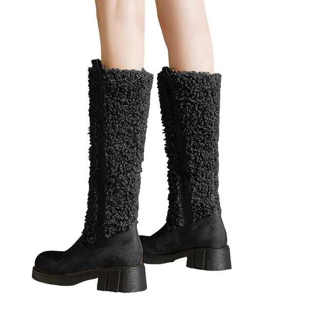 Womens Fleece Mid Calf Winter Combat Boots Fashion Plush Leather Patchwork Chunky Heel Knee High Riding Tall Boots