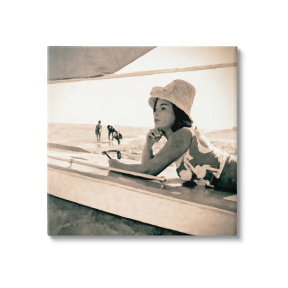 Stupell Industries Vintage Woman Sunbathing Landscape Painting Gallery Wrapped Canvas Art Print Wall Art, 17 x 17