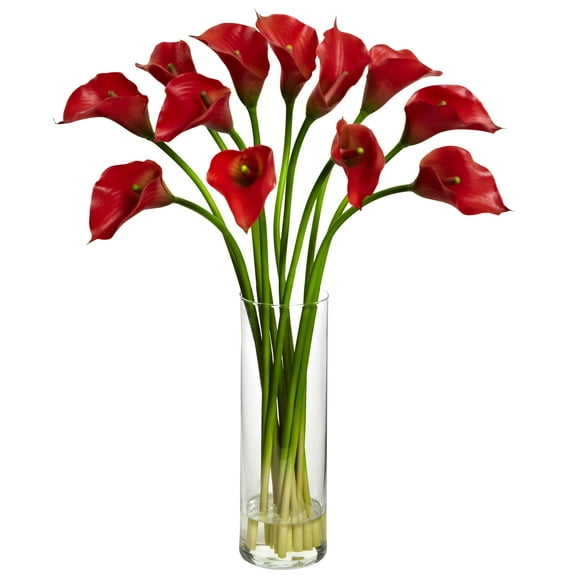 Nearly Natural Mini Calla Lily Artificial Flower Arrangement with Vase, Red