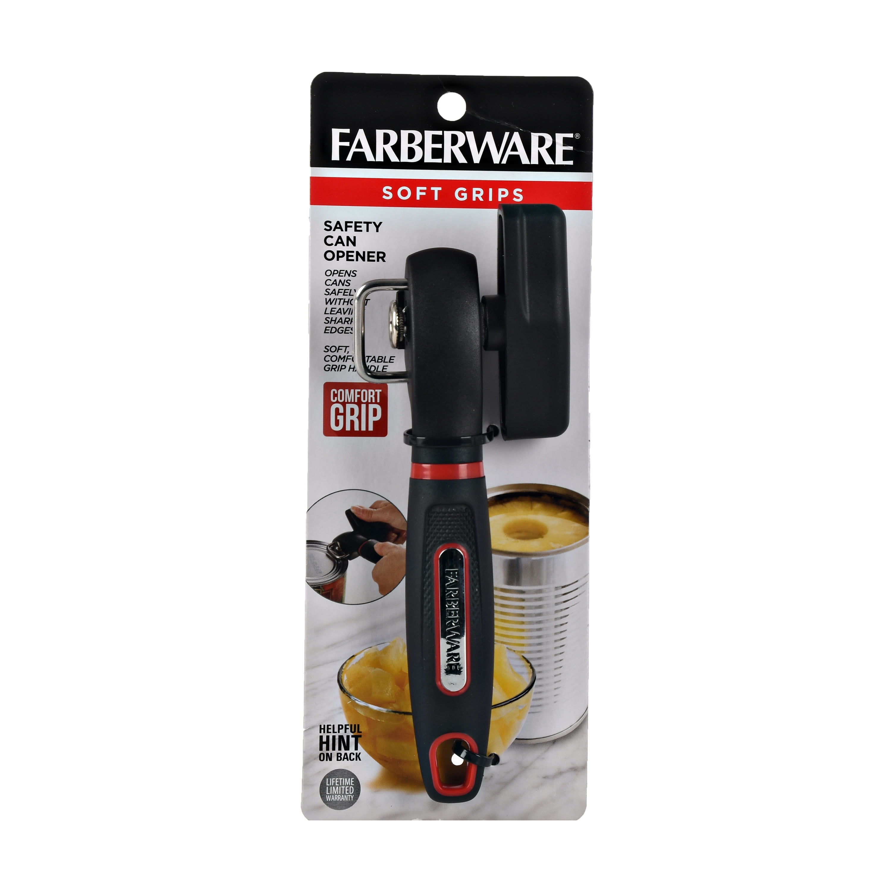 Farberware Soft Grip Safety Can Opener in Black with Red Accents