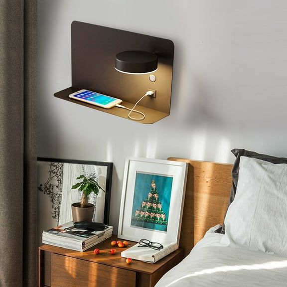 Indoor LED Rotating Wall Sconces with Bedside Shelf,  Bedroom Reading Lamp with Phone Shelf Black