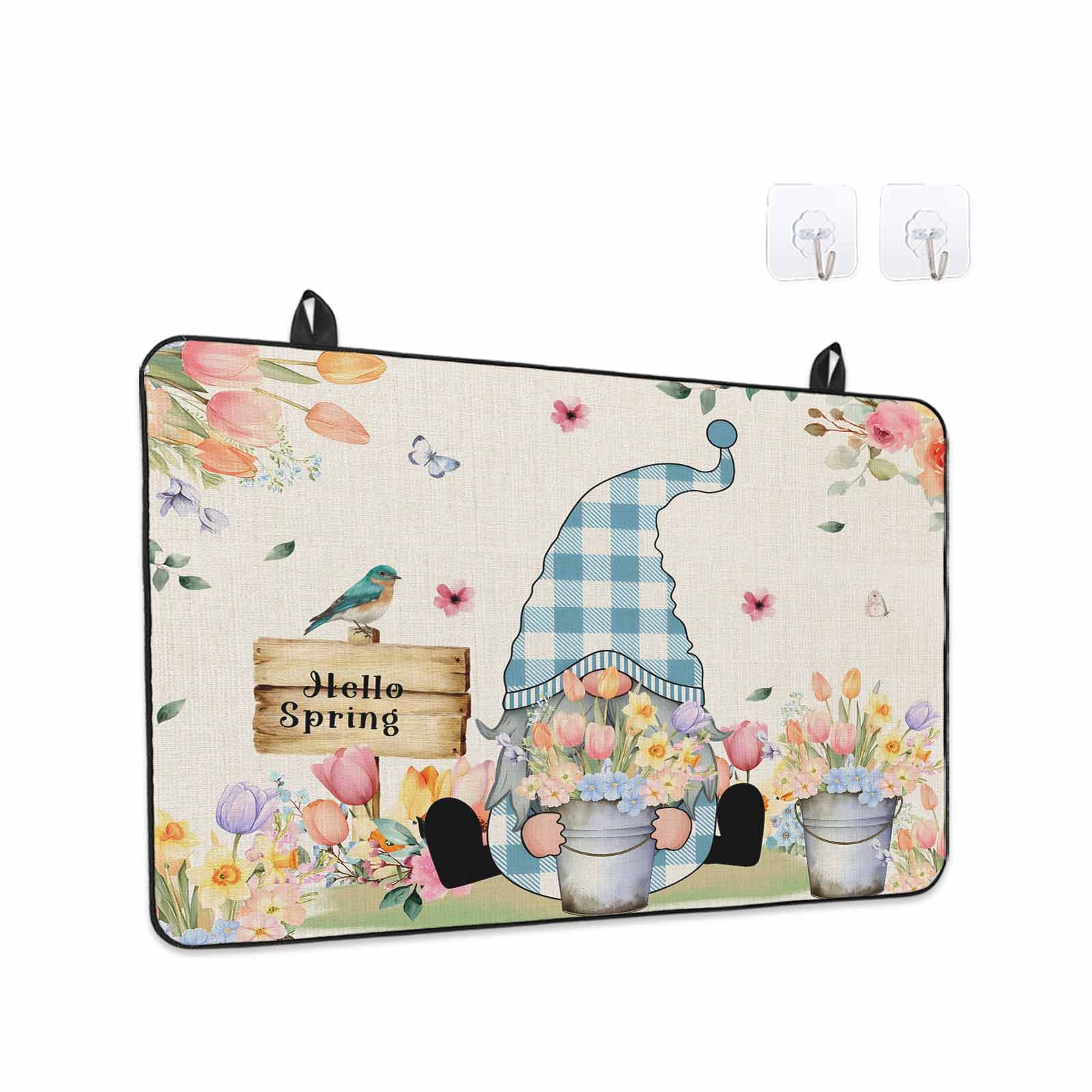 Spring Gnomes Floral Stove Top Cover for Electric Stove, Heat-proof & Non Slip Glass Top Stove Cover Protector, Pink Tulip Botanical Beige Burlap Kitchen Flat Cooktop Rubber Mat 24x21 Inches