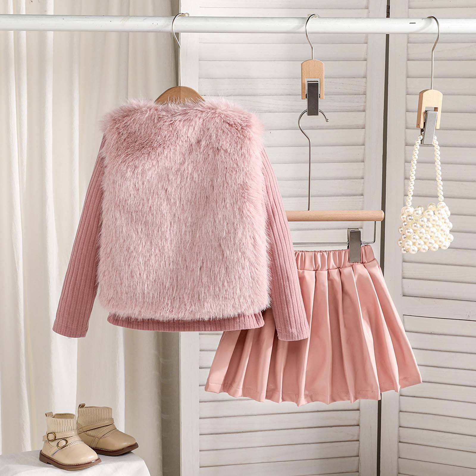 MEZZALL Girls Outfits Set Vest Long Sleeve Round Neck Tops PU Leather Pleated Skirt 3 Piece Outfits For Toddler Kids Birthday Cartoon Clothing